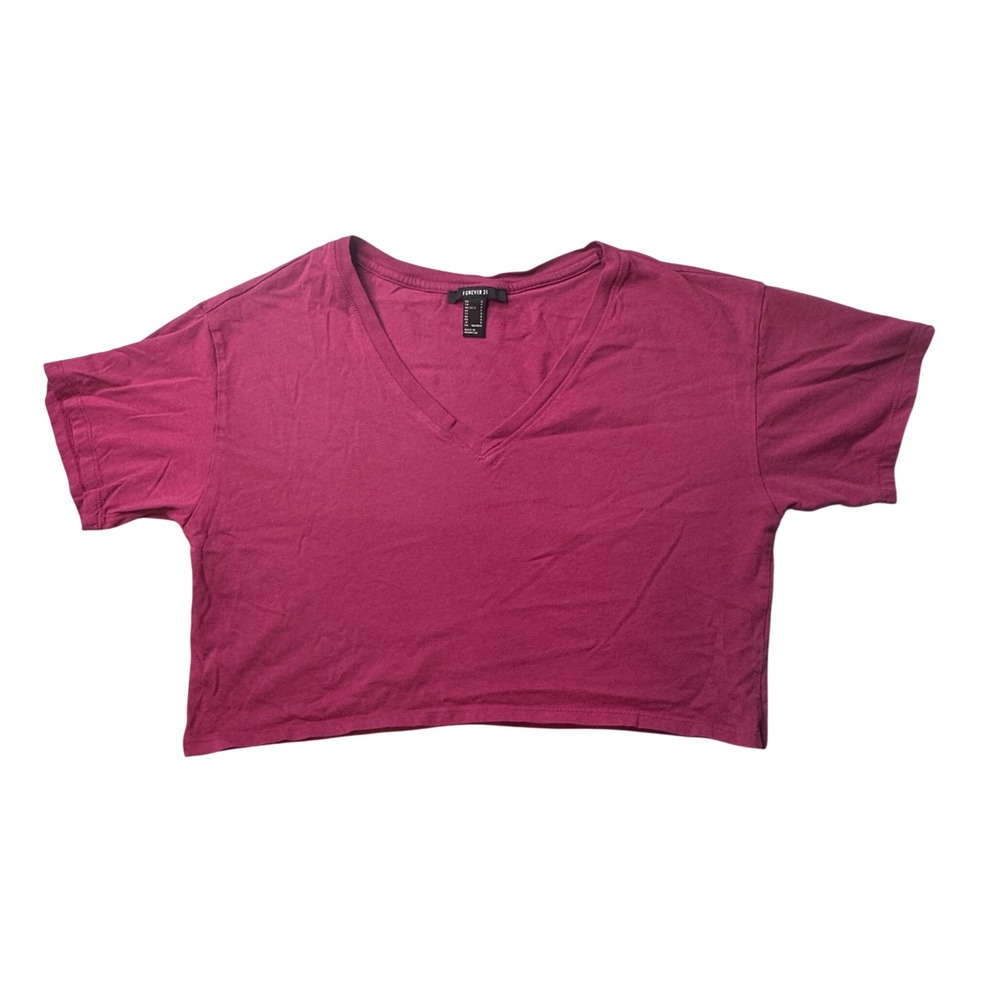 Forever 21‎ Crop Top Womens Small Pink V-Neck Short Sleeve 100% Cotton Tee 38833